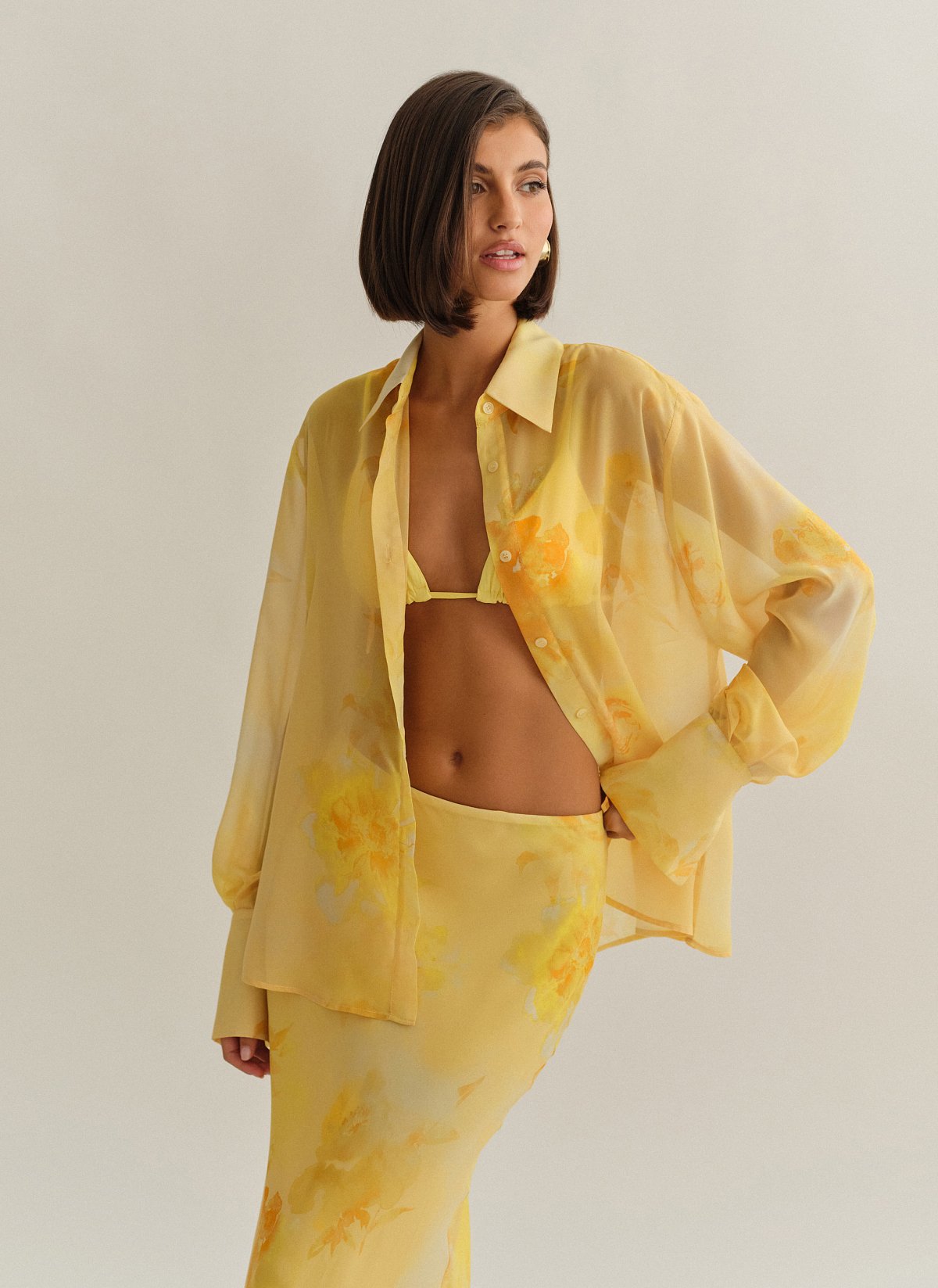 Γυναικείο oversized ημιδιάφανο εμπριμέ πουκάμισο