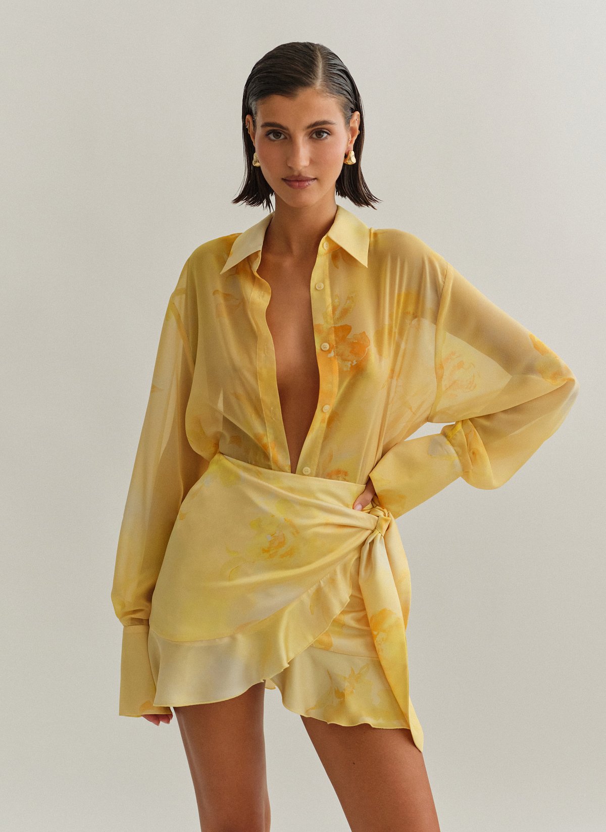 Γυναικείο oversized ημιδιάφανο εμπριμέ πουκάμισο