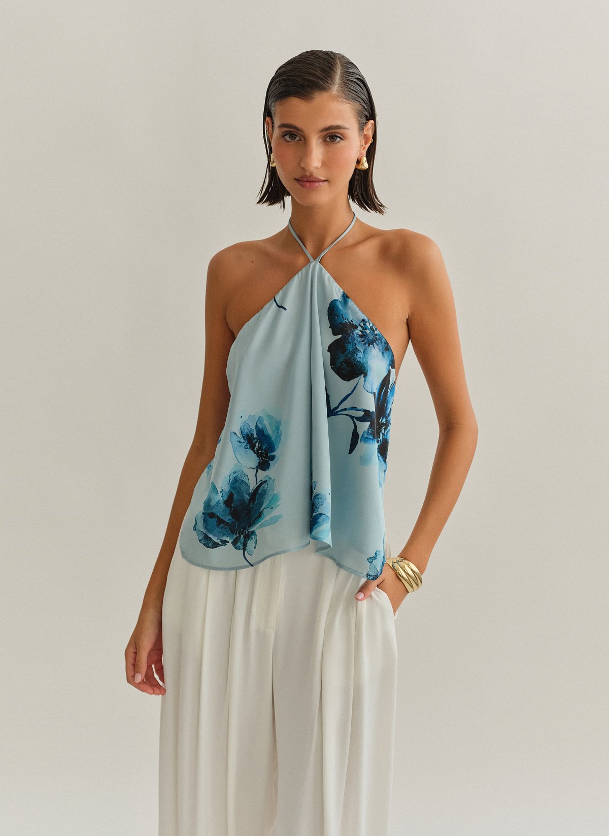 Γυναικείο σατέν halter τοπ εμπριμέ με ανοιχτή πλάτη