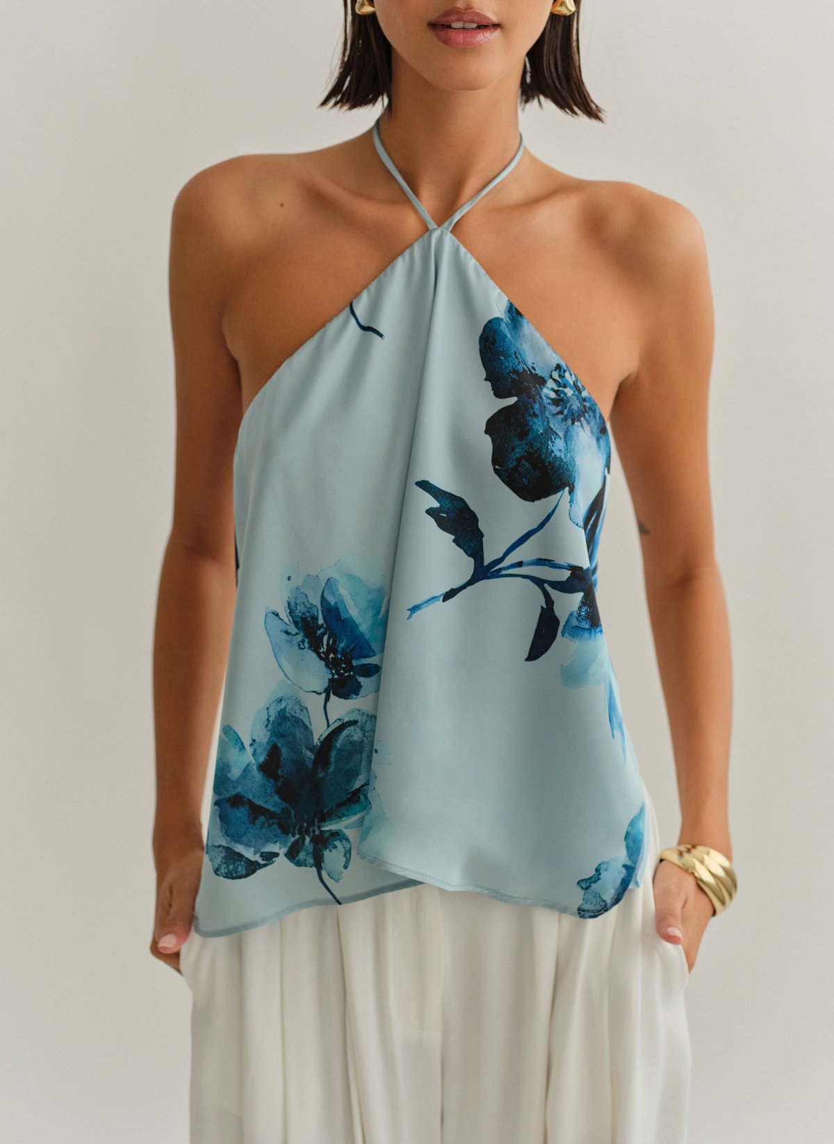 Γυναικείο σατέν halter τοπ εμπριμέ με ανοιχτή πλάτη