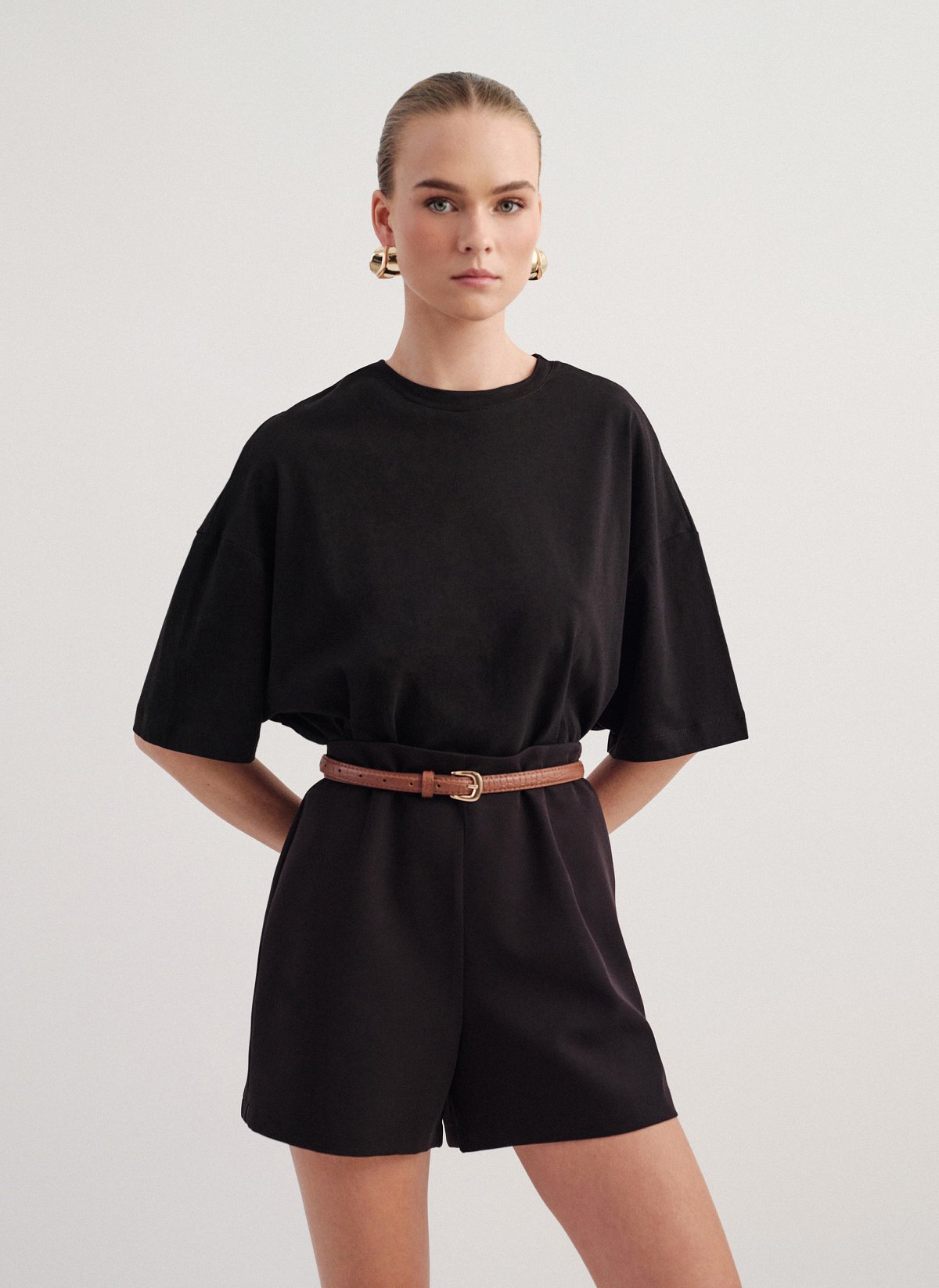 Γυναικεία βαμβακερή μακριά κοντομάνικη μπλούζα oversized