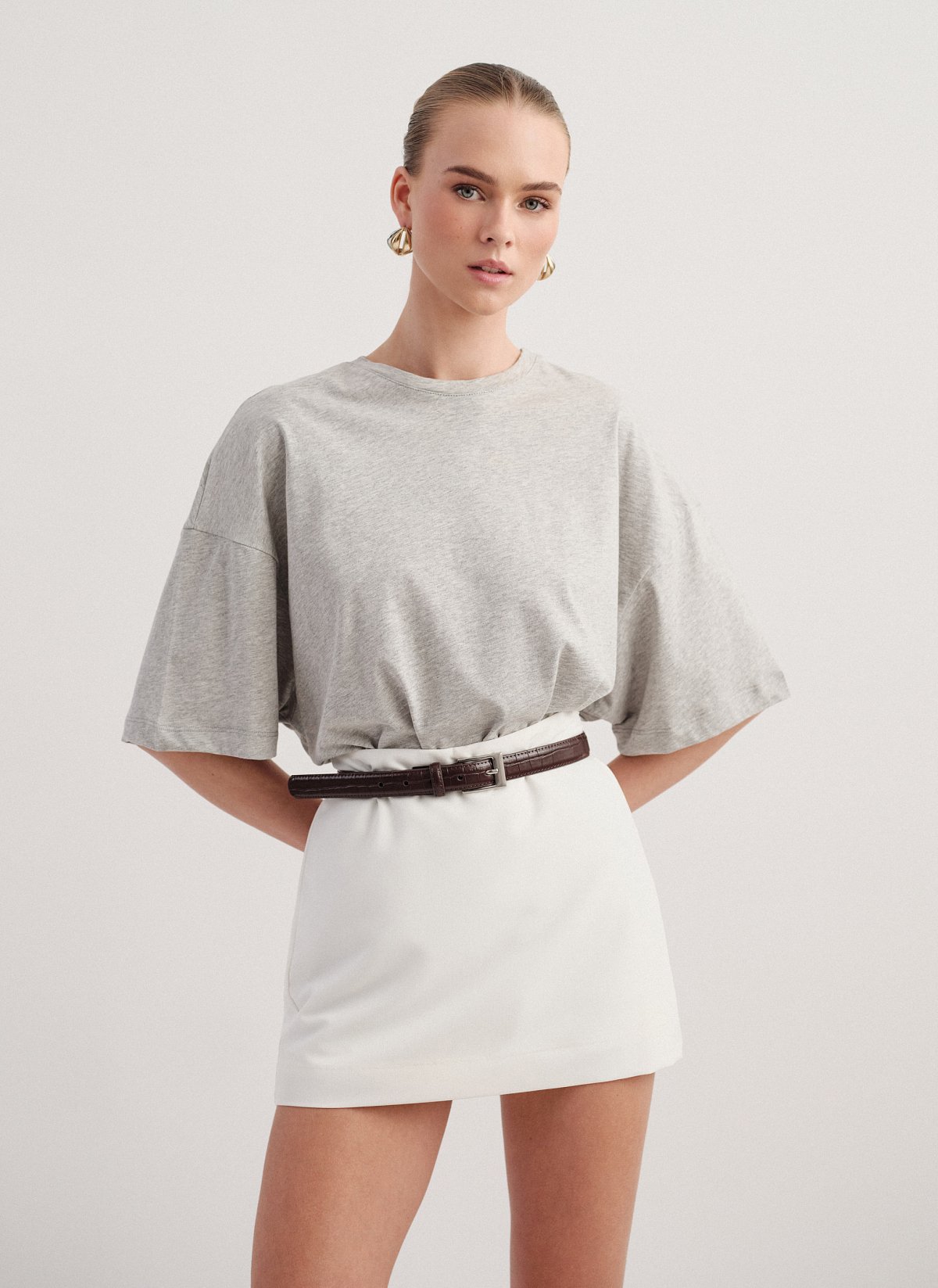 Γυναικεία βαμβακερή μακριά κοντομάνικη μπλούζα oversized