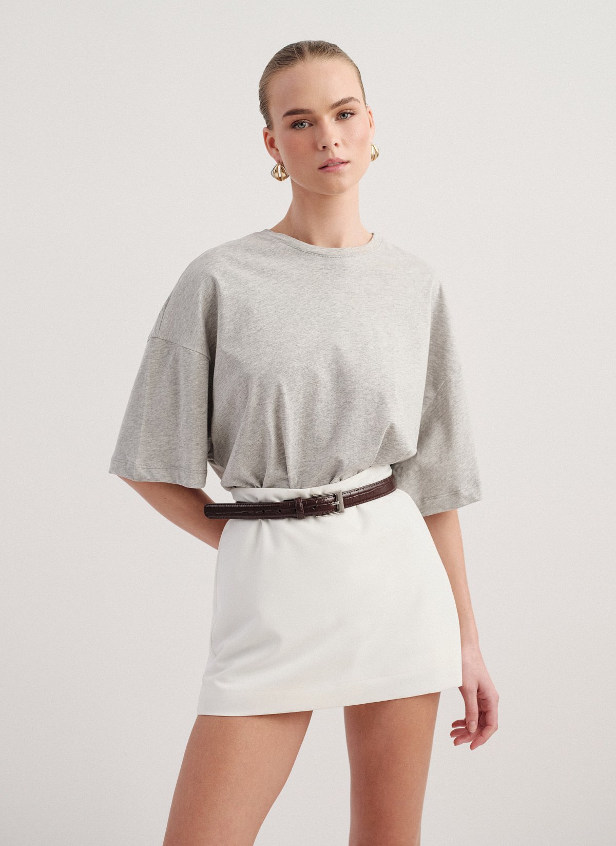 Γυναικεία βαμβακερή μακριά κοντομάνικη μπλούζα oversized