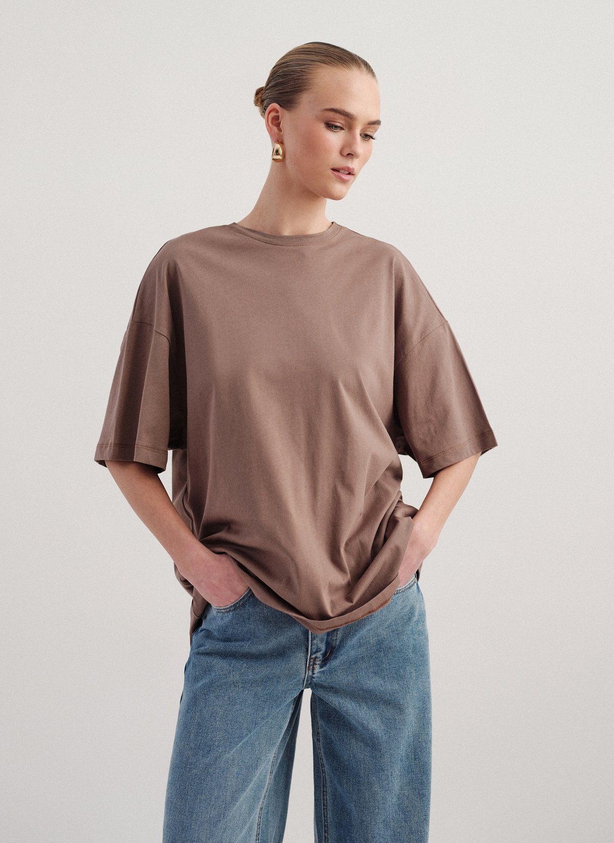 Γυναικεία βαμβακερή μακριά κοντομάνικη μπλούζα oversized