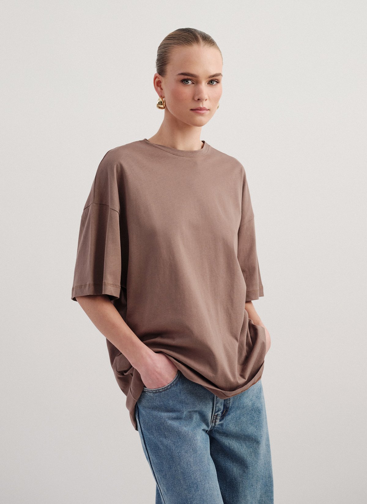 Γυναικεία βαμβακερή μακριά κοντομάνικη μπλούζα oversized