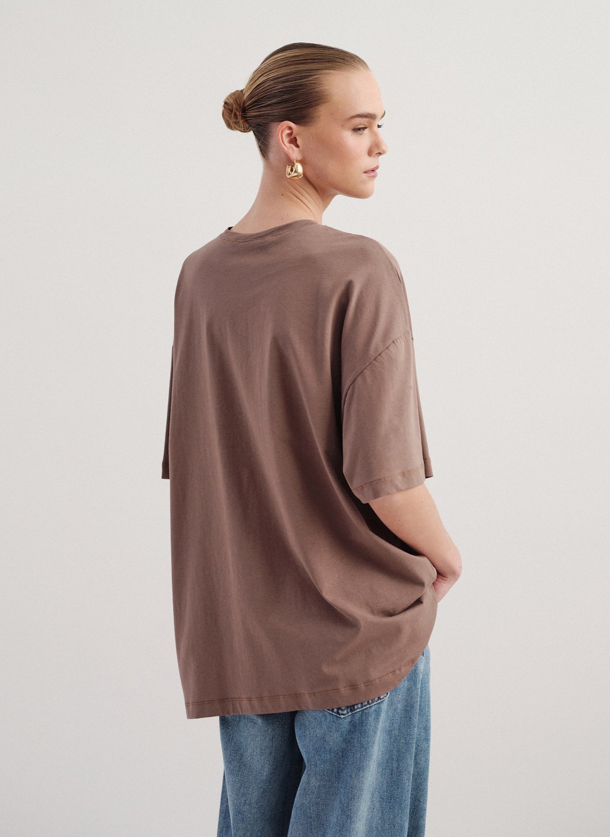 Γυναικεία βαμβακερή μακριά κοντομάνικη μπλούζα oversized