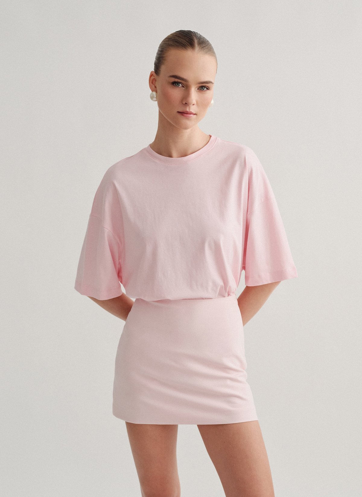 Γυναικεία βαμβακερή μακριά κοντομάνικη μπλούζα oversized