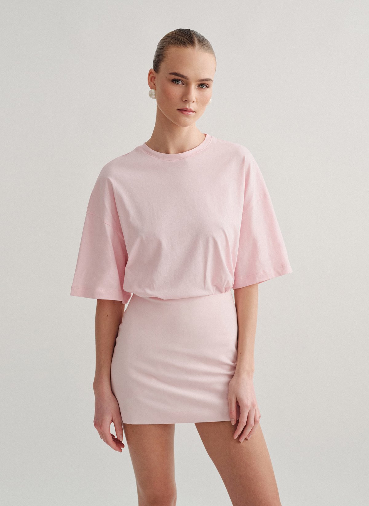 Γυναικεία βαμβακερή μακριά κοντομάνικη μπλούζα oversized