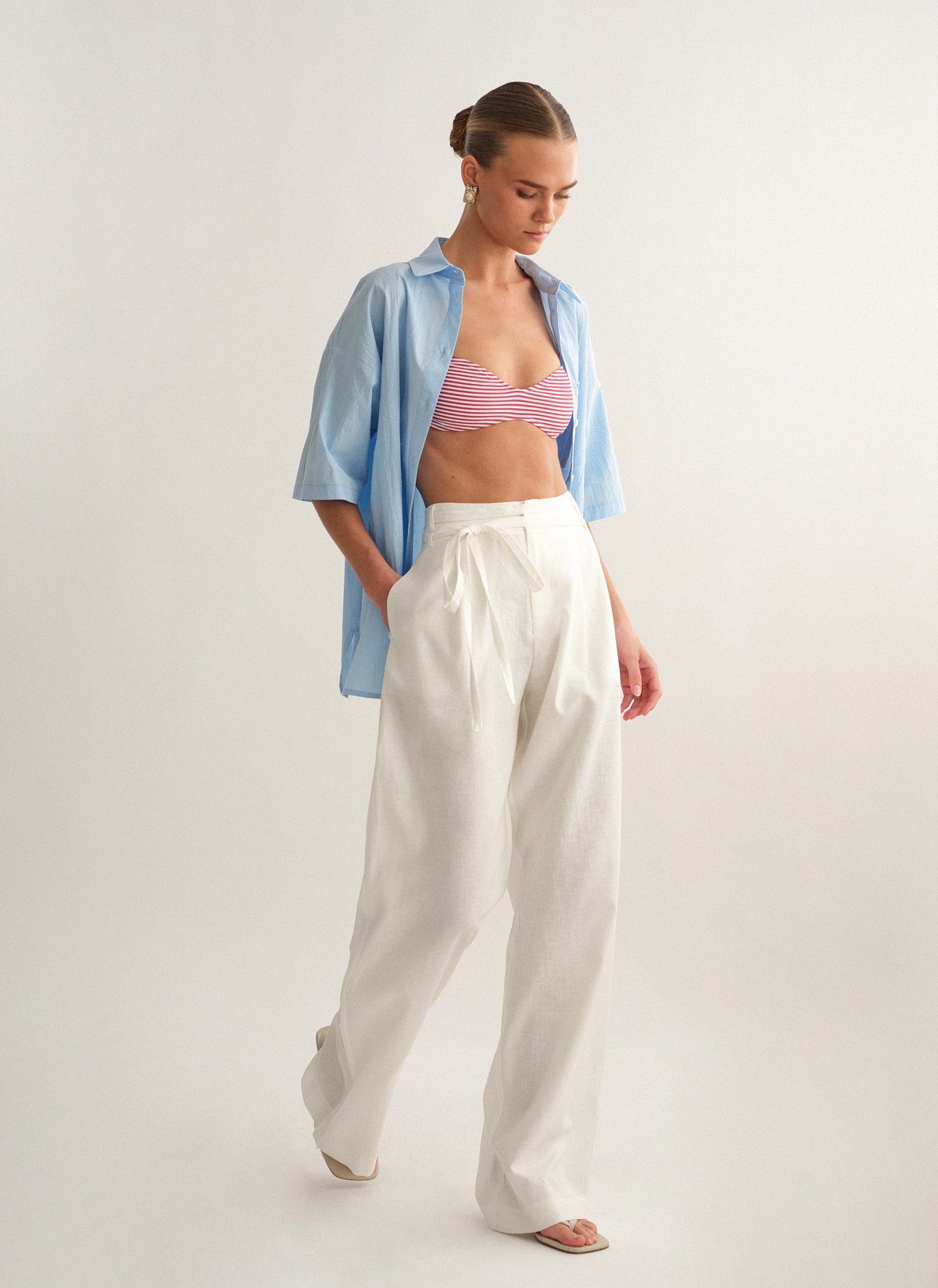 Γυναικείο λινό παντελόνι με αποσπώμενη ζώνη