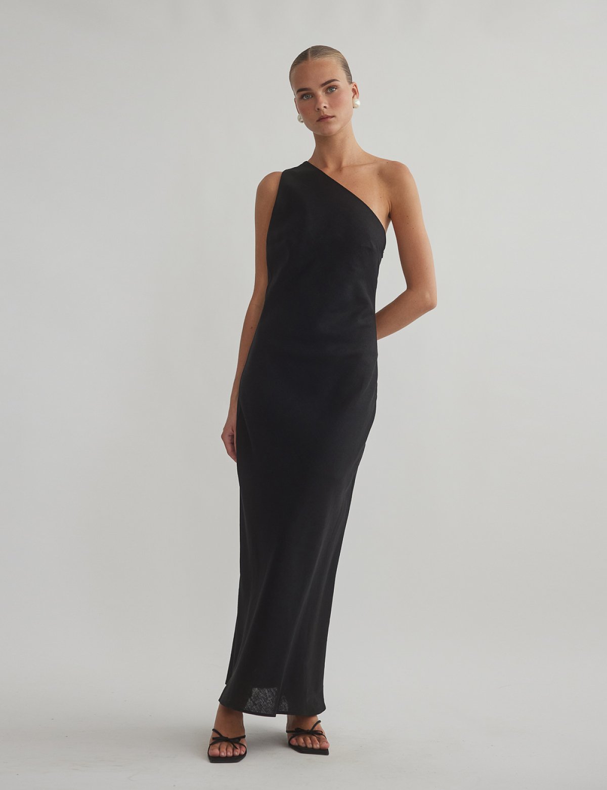 Γυναικείο λινό midi φόρεμα one-shoulder