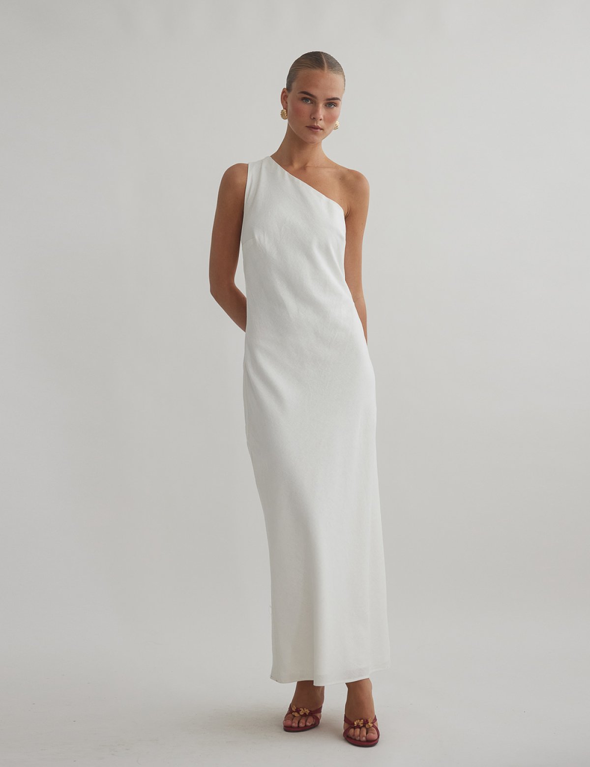 Γυναικείο λινό midi φόρεμα one-shoulder
