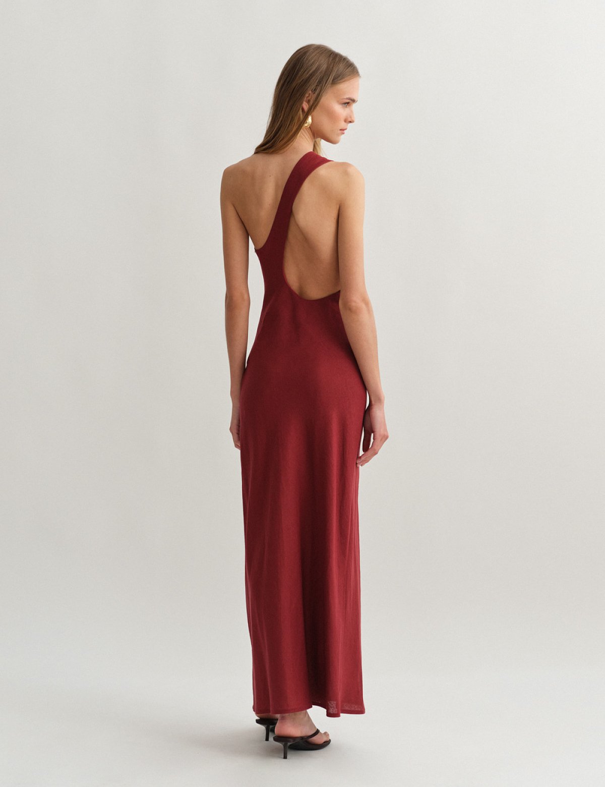 Γυναικείο λινό midi φόρεμα one-shoulder
