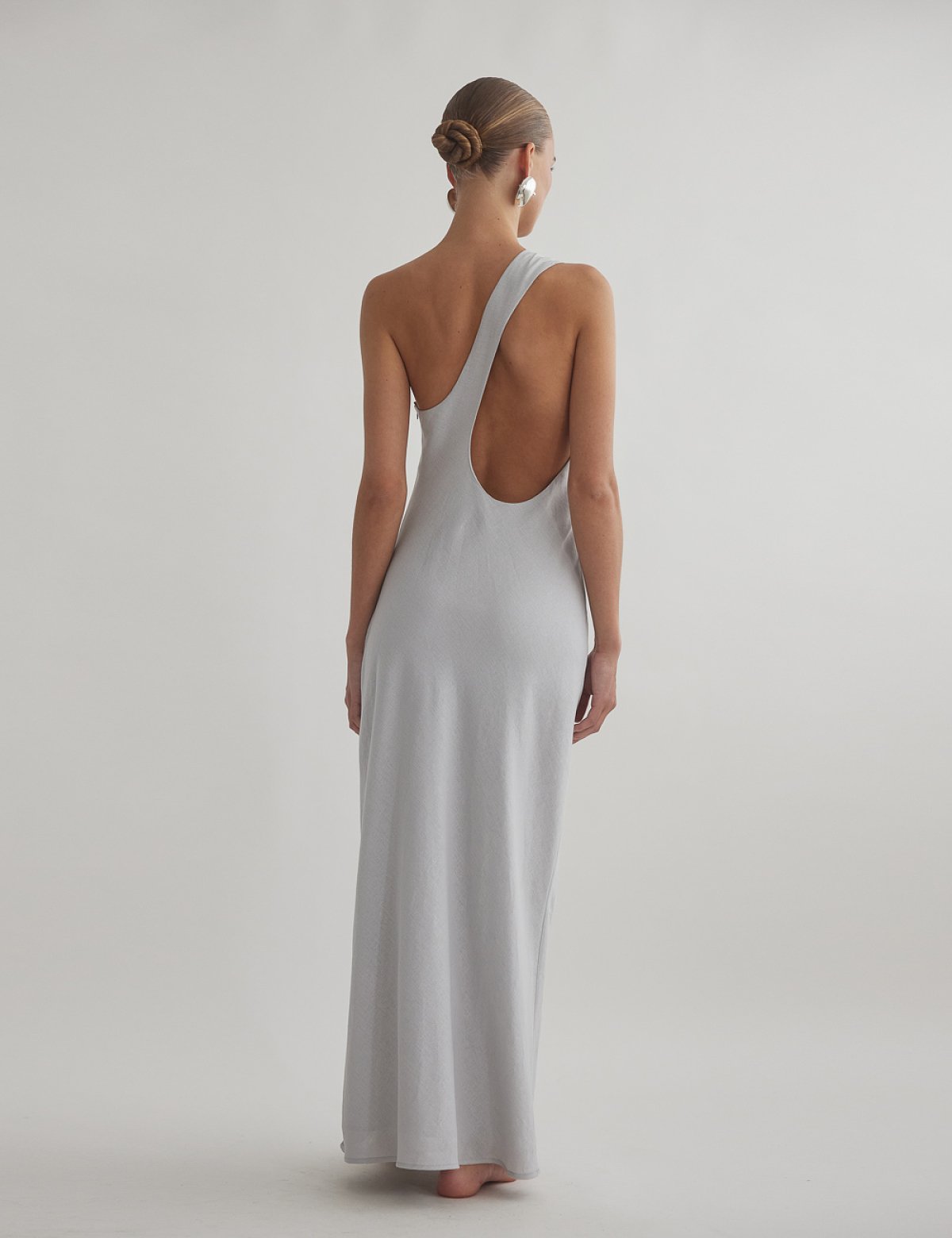Γυναικείο λινό midi φόρεμα one-shoulder