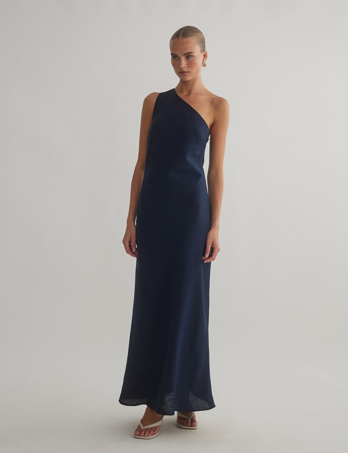 Γυναικείο λινό midi φόρεμα one-shoulder