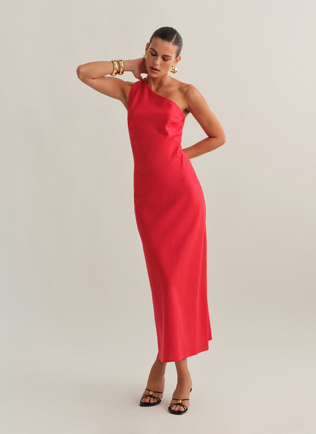 Γυναικείο λινό midi φόρεμα one-shoulder