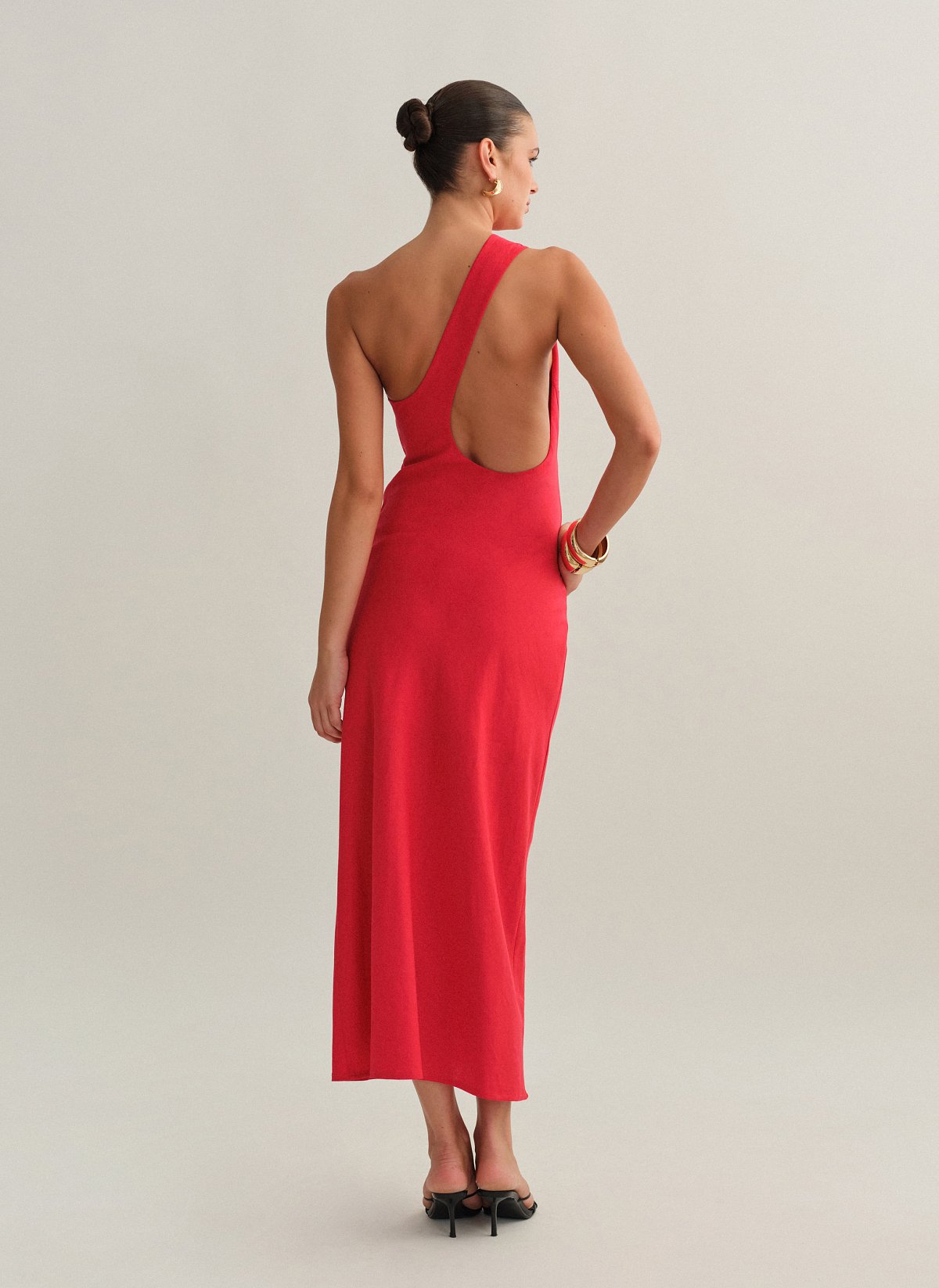 Γυναικείο λινό midi φόρεμα one-shoulder