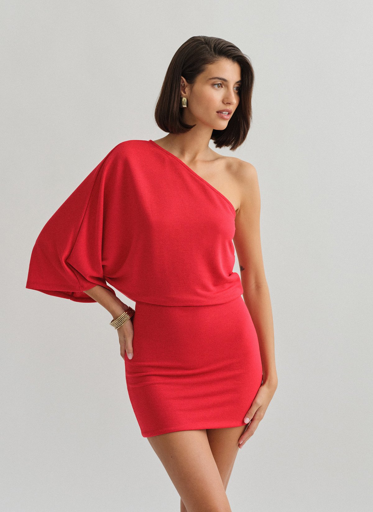 Light-knit one shoulder mini dress-2