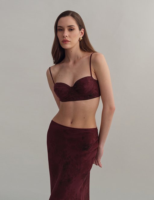 Γυναικείο bustier τοπ εμπριμέ μελιτζανί