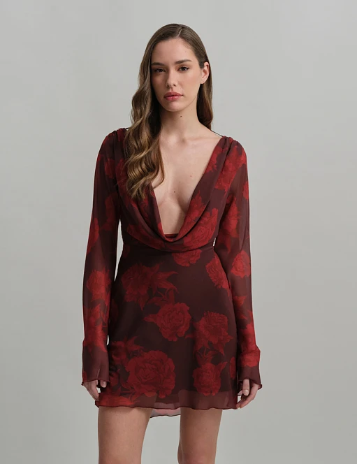 Γυναικείο μακρυμάνικο ντραπέ μίνι φόρεμα εμπριμέ μπορντώ