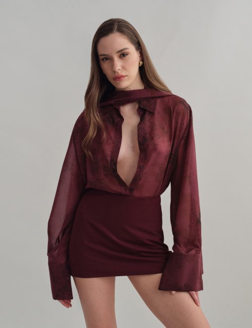 Product: Semi-sheer shirt in aubergine floral