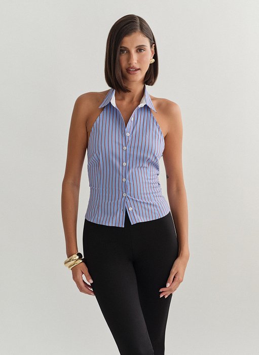 Γυναικείο ριγέ halter τοπ με γιακά