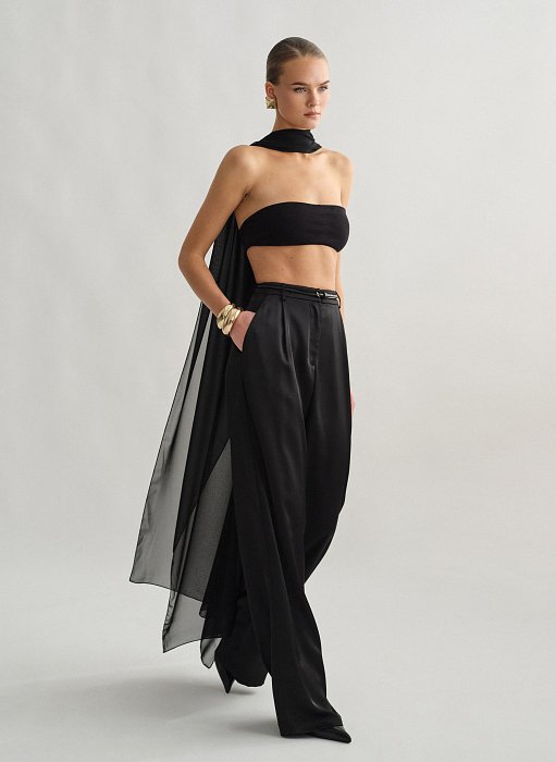 Γυναικείο ψηλόμεσο σατέν ίσιο παντελόνι με πιέτες εμπρός και τσέπες