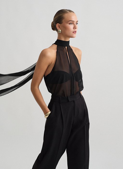 Γυναικεία αμάνικη ημιδιάφανη halter μπλούζα με δέσιμο στο λαιμό