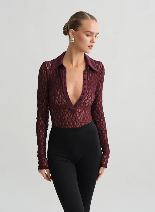 Γυναικείο μακρυμάνικο κορμάκι δαντέλα με γιακά και V ντεκολτέ με κουμπιά