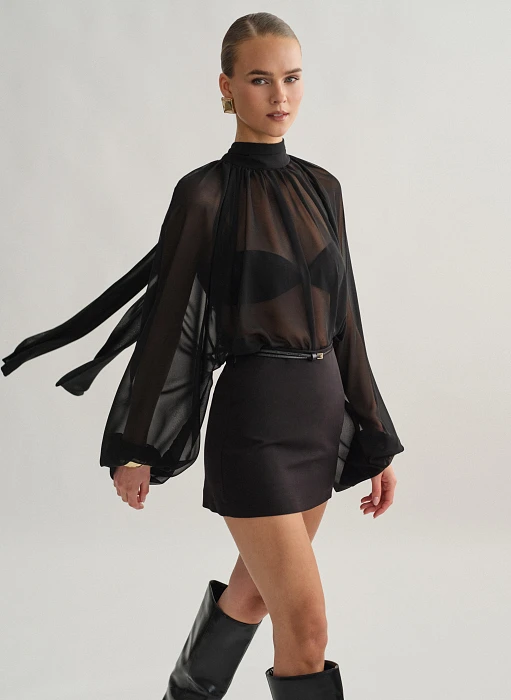 Γυναικείο μακρυμάνικο ημιδιάφανο μίνι φόρεμα με δέσιμο στον λαιμό