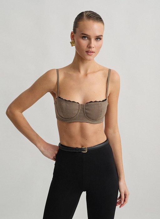 Γυναικείο bustier τοπ με λεπτές ρυθμιζόμενες τιράντες και λεπτομέρεια δαντέλα στο στήθος σε houndstooth ύφανση