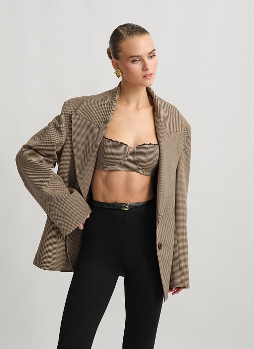 Γυναικείο οversized μπλέιζερ με τσέπες και αποσπώμενη ζώνη σε houndstooth ύφανση