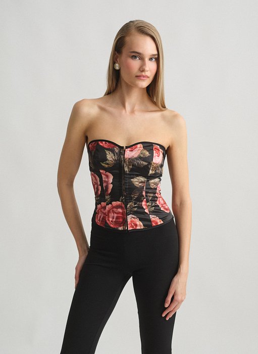 Γυναικείο εμπριμέ στράπλες σατέν κορσέ τοπ
