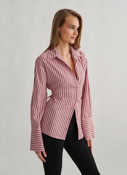 Γυναικείο oversized ριγέ πουκάμισο ποπλίνα με στρας