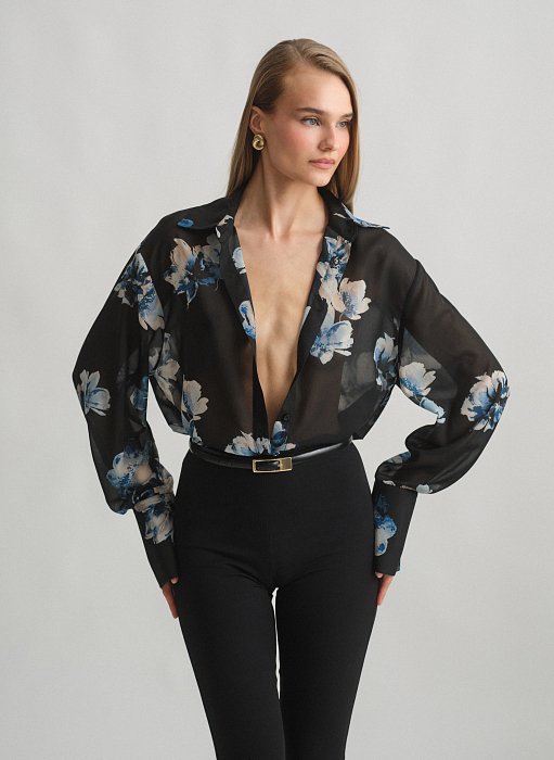 Γυναικείο oversized ημιδιάφανο εμπριμέ πουκάμισο