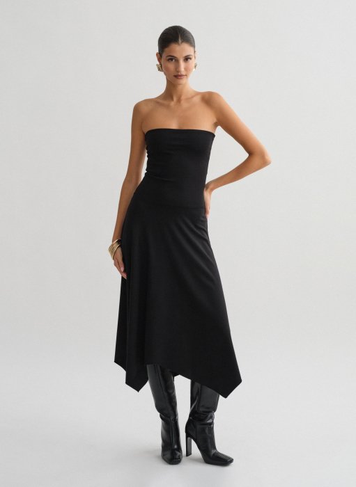 Product: Asymmetric strapless midi dress