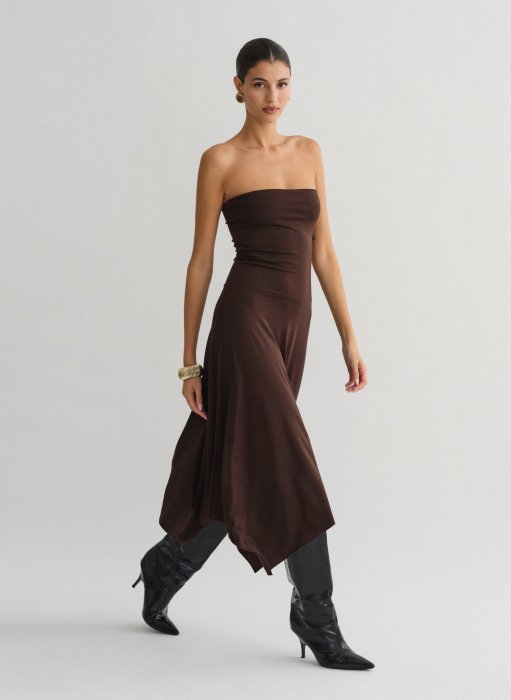 Product: Asymmetric strapless midi dress