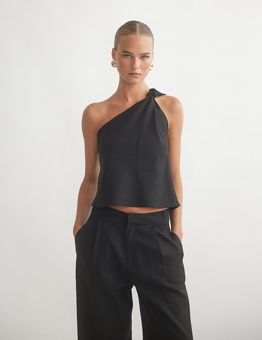 Product: Linen one-shoulder blouse with knot