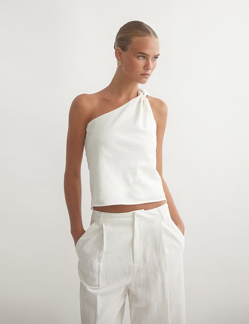 Product: Linen one-shoulder blouse with knot