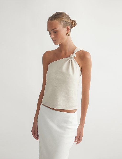 Product: Linen one-shoulder blouse with knot