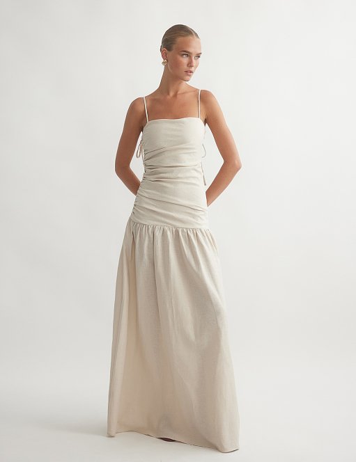 Γυναικείο λινό μακρύ φόρεμα με σούρες