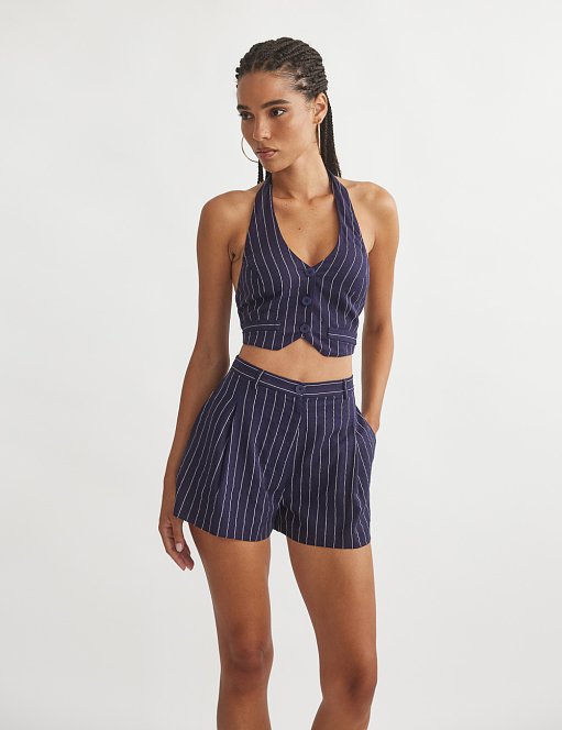 Γυναικείο ψηλόμεσο λινό σορτς με ρίγες