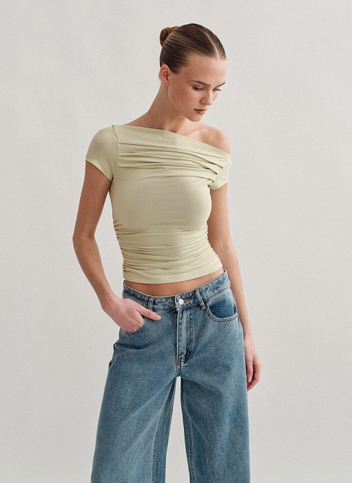 Γυναικεία κοντομάνικη μπλούζα με λοξό ώμο bamboo