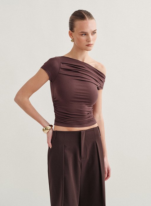 Γυναικεία κοντομάνικη μπλούζα με λοξό ώμο bamboo