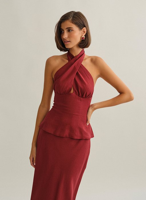 Γυναικείο λινό τοπ halter με χιαστί δέσιμο