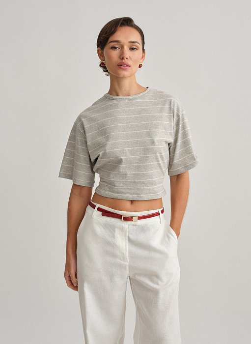 Γυναικεία βαμβακερή μεσάτη κοντομάνικη ριγέ μπλούζα