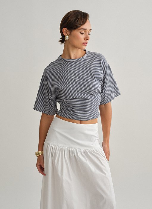 Γυναικεία βαμβακερή μεσάτη κοντομάνικη ριγέ μπλούζα