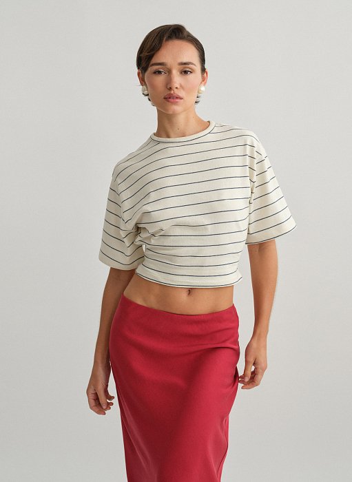 Γυναικεία βαμβακερή μεσάτη κοντομάνικη ριγέ μπλούζα