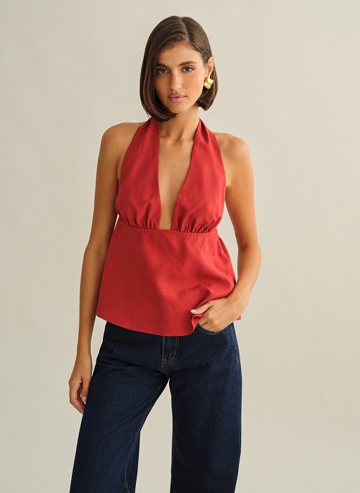 Γυναικεία υφασμάτινη halter μπλούζα