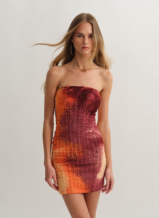 Γυναικείο εμπριμέ στράπλες μίνι φόρεμα