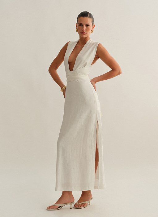 Γυναικείο λινό μακρύ φόρεμα με πολυμορφικό δέσιμο